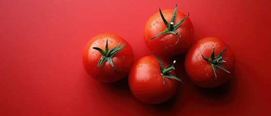 Poster - A group of tomatoes sitting on a red surface