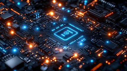 Poster - Secure CPU chip on circuit board, glowing lights, tech background, data security