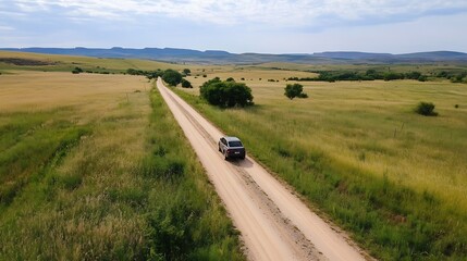 Poster - Aerial view of a car driving on a dirt road through expansive green fields under a bright sky : Generative AI