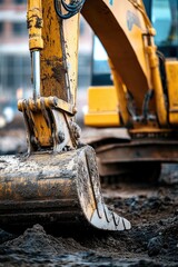 Poster - A yellow excavator sits atop a pile of dirt, ready to dig in