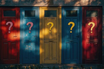 Aufkleber - A row of colorful doors with question marks, great for representing uncertainty or decision-making