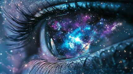 Leinwandbilder - A bold wallpaper design of a cosmic-themed eye with a galaxy-like iris in shades of deep blue, purple, and silver, surrounded by glowing nebula clouds and star-like specks.