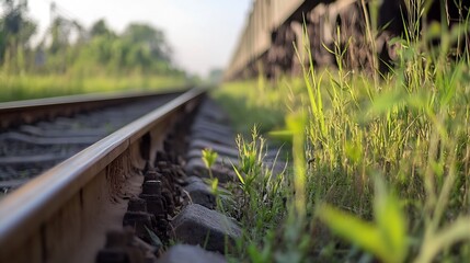 Aufkleber - Overgrown grass and weeds alongside an abandoned railway track in a tranquil rural setting during daytime : Generative AI