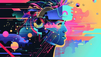 Poster - This vibrant digital artwork showcases a futuristic woman wearing virtual reality gear, blending technology and art in a stunning abstract composition.