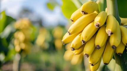 Poster - Fresh ripe bananas hanging in a lush tropical setting under blue sky and bright sunlight in a farm : Generative AI
