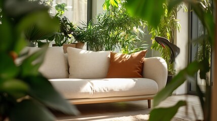 Poster - Cozy living room setting with a comfortable sofa surrounded by lush indoor plants : Generative AI