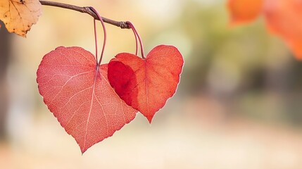 Poster - Two Heart Shaped Autumn Leaves on a Nature Background Brilliantly Displaying Love and Connection : Generative AI
