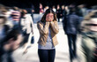 © terovesalainen - Stress, anxiety, fear or panic attack in public. Woman with mental health disorder. Phobia of crowd of people. Schizophrenia, agoraphobia or paranoia. Busy city street. Depressed introvert person.