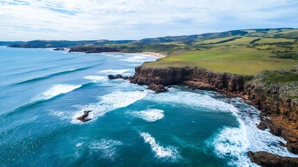 Aufkleber - Stunning aerial view of a coastline with rocky cliffs and rolling waves under a bright cloudy sky : Generative AI