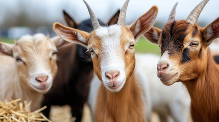Poster - Three adorable goats with striking features and expressive faces grazing peacefully in a lush green field : Generative AI