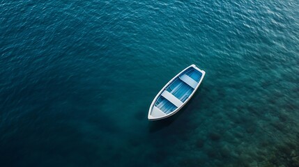 Aufkleber - Tranquil Aerial View of a Small Rowboat Drifting on Calm Deep Blue Waters : Generative AI
