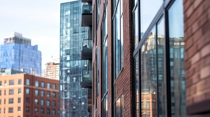 Aufkleber - Modern urban architecture showcasing glass facades and brick buildings in the city : Generative AI