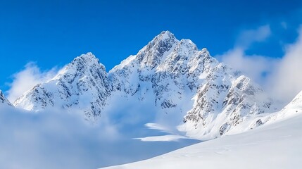 Poster - Stunning Snowy Mountain Peaks Under a Clear Blue Sky with Wispy Clouds : Generative AI
