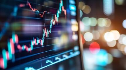 Leinwandbilder - Detailed view of a stock market graph displayed on a computer screen with vibrant colors and bokeh background : Generative AI