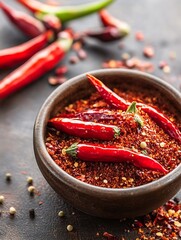 Aufkleber - Vibrant red chilies and dried chili flakes in rustic bowl on dark background : Generative AI