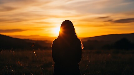 Aufkleber - Silhouette of a Woman Standing in a Field During a Stunning Sunset with Golden Light : Generative AI