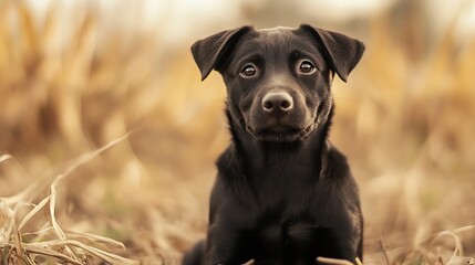 Poster - Adorable black puppy sitting on the ground with a soft expression against a blurred background of nature : Generative AI