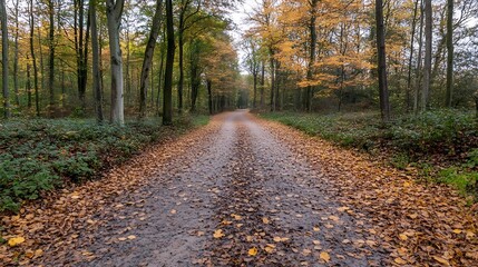 Poster - Picturesque autumn forest landscape with colorful leaves on an empty path : Generative AI