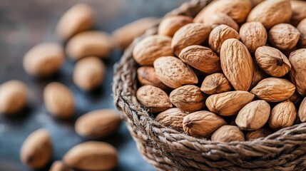 Poster - A closeup view of raw almonds in a woven basket showcasing their natural texture and color : Generative AI