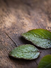 Poster - Delicate green leaves resting on rustic wooden surface in harmonious natural lighting : Generative AI