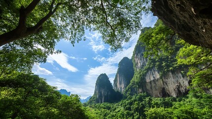 Poster - Beautiful Forest Landscape Displaying Majestic Mountains Under Clear Blue Sky : Generative AI