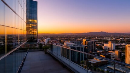 Poster - Stunning sunset view over a cityscape with modern buildings reflecting warm colors in the sky : Generative AI