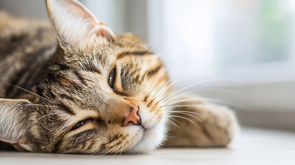 Poster - Adorable CloseUp of a Relaxed Tabby Cat Sleeping Peacefully by a Window : Generative AI