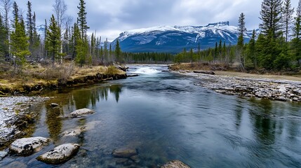 Aufkleber - Serene landscape of a mountain river reflecting the lush greenery and snowcapped peaks under a cloudy sky : Generative AI