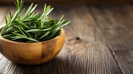 Poster - Freshly harvested rosemary leaves in a wooden bowl placed on rustic wooden table : Generative AI