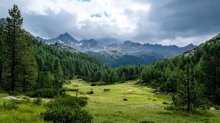 Poster - Breathtaking mountain landscape with lush greenery and dramatic clouds in a natural park setting : Generative AI