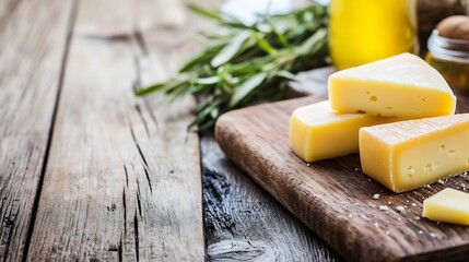 Aufkleber - Delicious chunks of gourmet cheese on a wooden board with olive oil and herbs : Generative AI