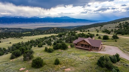 Poster - Scenic mountain view with rustic cabin surrounded by lush greenery and beautiful sky : Generative AI