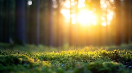 Poster - Serene forest landscape with sunlight streaming through trees illuminating the green ground : Generative AI