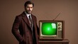 © PURE SP - Stylish man in a brown coat standing next to a vintage television set with a green screen against a neutral background