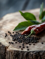 Aufkleber - Close up view of dried red chili pepper and black seeds on wooden surface with green leaves : Generative AI