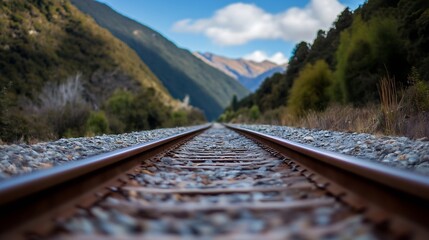 Aufkleber - Long perspective view of railway tracks leading towards majestic mountains under a bright blue sky : Generative AI