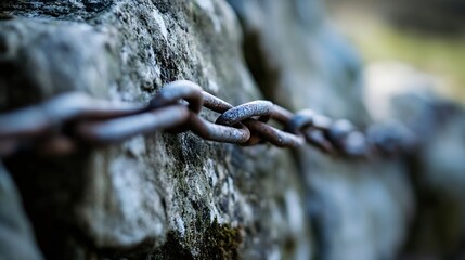 Poster - CloseUp View of Heavy Rusted Chain Linking Rocks Showing Textured Surface and Industrial Strength : Generative AI