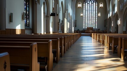 Aufkleber - Inside a Beautifully Designed Church with Sunlight Streaming Through Stained Glass Windows : Generative AI