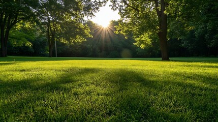 Poster - Sunshine Peeking Through Trees Over Lush Green Lawn in Beautiful Park : Generative AI