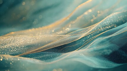 Poster - Ethereal Glitter Waves, an abstract composition featuring a grainy texture with shimmering particles, warm taupe and muted teal tones, soft bokeh, and luxurious atmospheric depth