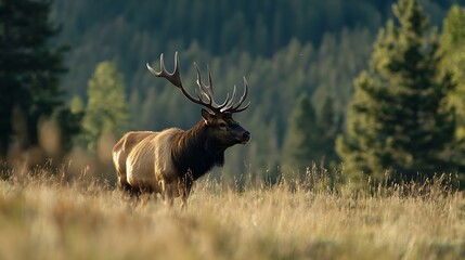 Poster - Majestic stag standing in a grassy field surrounded by lush green trees and nature : Generative AI