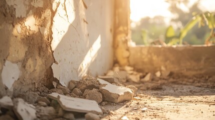 Aufkleber - The interior of a sunlit abandoned building showcasing peeling walls and debris casting shadows on the floor : Generative AI