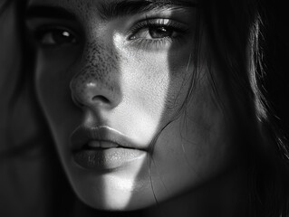 Poster - A close-up photo of a woman's face featuring freckles, suitable for beauty or personal use