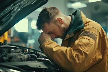 Poster - A person checking the engine compartment of a vehicle, possibly diagnosing a problem