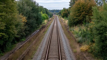 Aufkleber - Rustic railway tracks meandering through a lush green landscape lined with trees and vibrant foliage : Generative AI