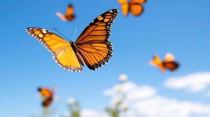 Poster - Colorful butterflies fluttering against a bright blue sky showcasing nature's beauty : Generative AI