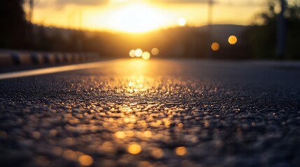 Poster - Close perspective of a sunlit road with warm glowing light reflecting off the textured surface at sunset : Generative AI