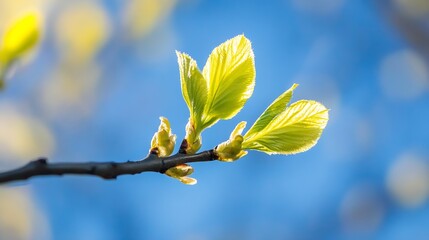 Aufkleber - Closeup view of fresh green leaves on a branch under bright sunlight with blue sky background : Generative AI