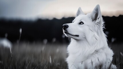 Poster - Majestic white dog gazing intently into the distance with a backdrop of soft grass and a peaceful atmosphere : Generative AI