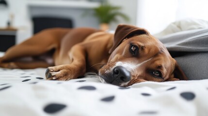 Poster - Relaxed dog resting on a cozy bed with a calm expression at home : Generative AI